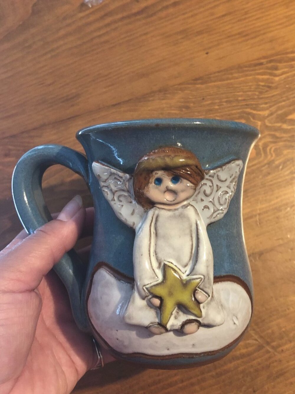Vintage Blue Pottery Angel Mug Christmas - Handmade 3D Cherub with Star